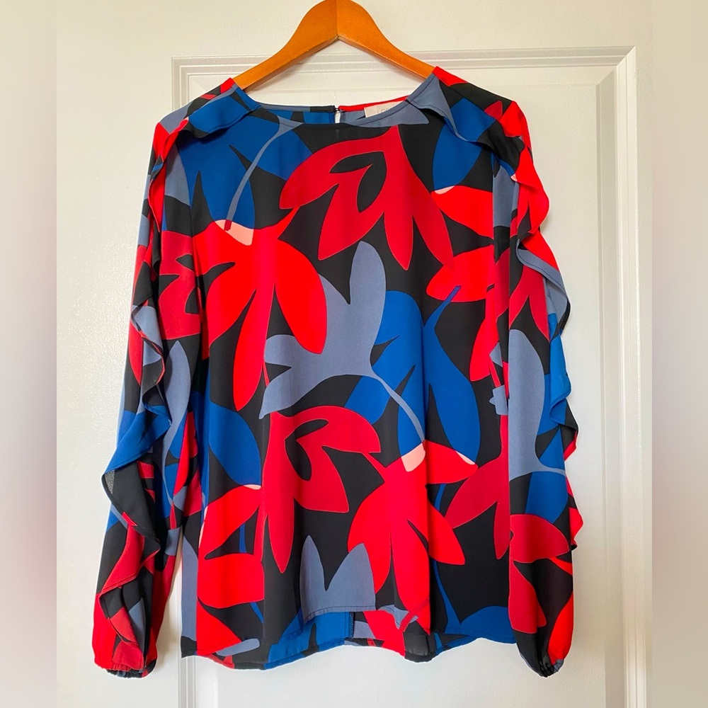 Loft Red Black Blue Long Sleeve Blouse - size small